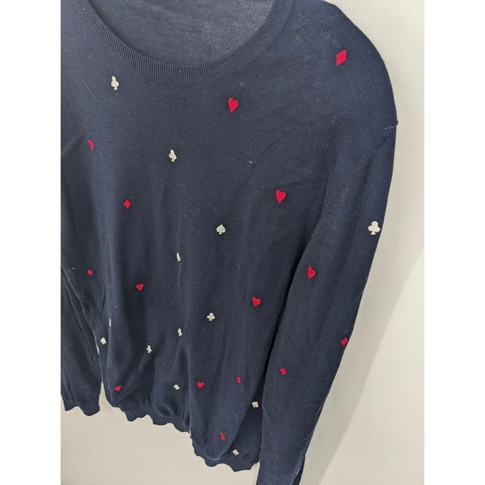 Zara Man Sweater Mens Medium Navy Blue Hearts Playing Cards‎ Lightweight Casual
